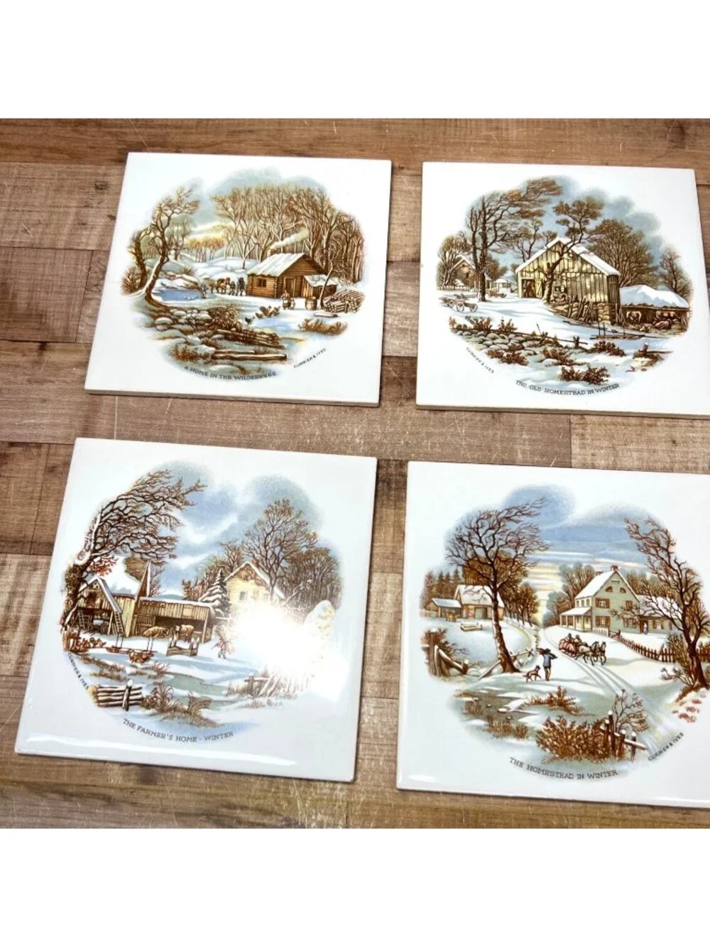 VTG Currier & Ives Winter Scene Ceramic Tile Set Of 4 Decorative Art Tiles 6